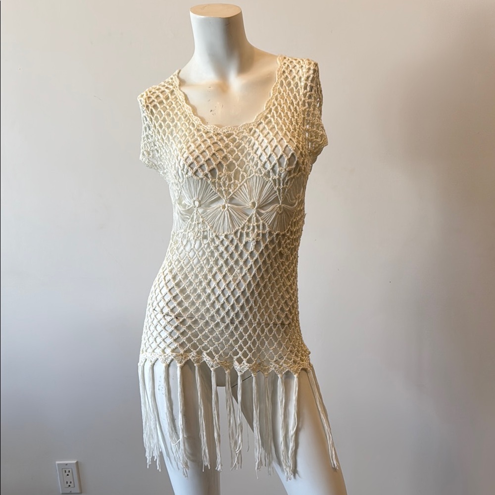 Nordstrom Cream Crochet Fringe Cover Up Dress
